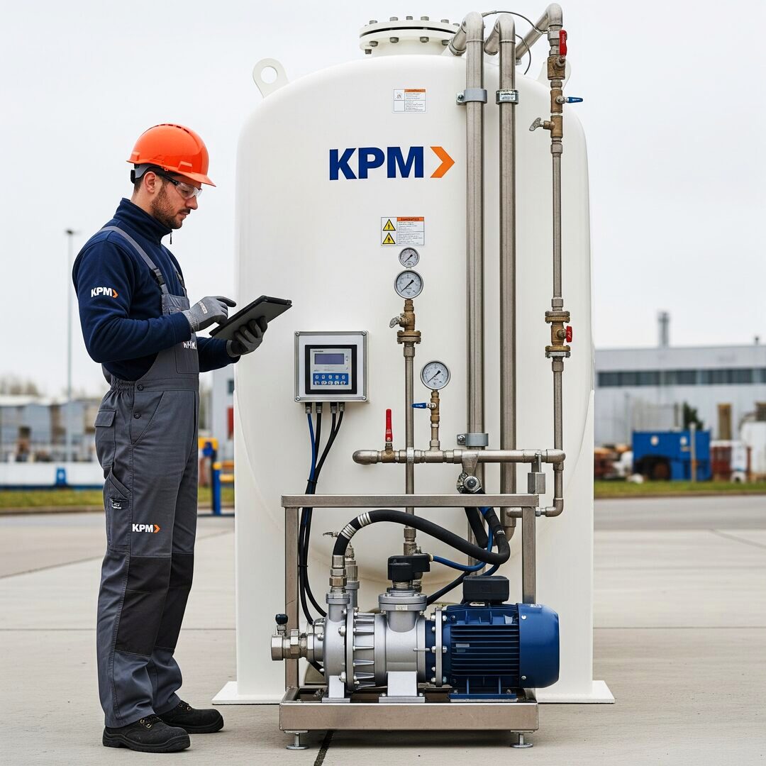 KPM engineer verifying tank system specifications on site