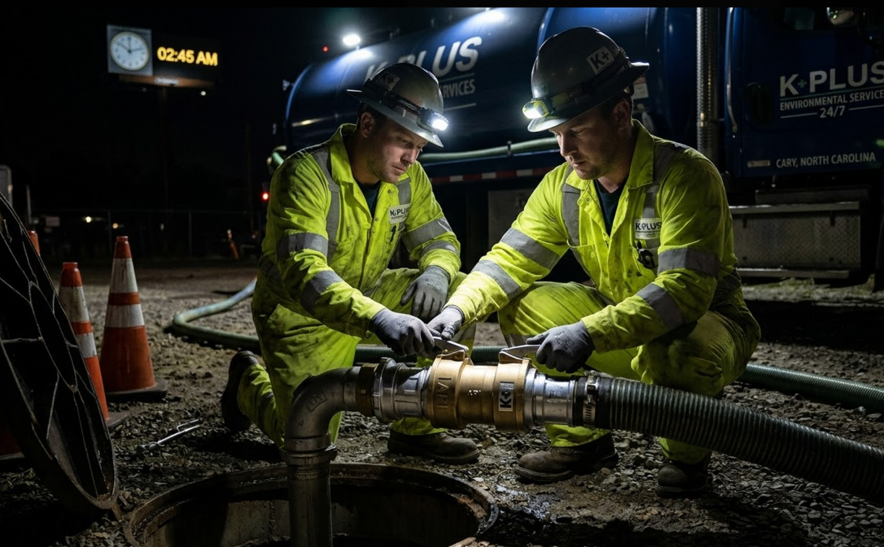 KPM field crew performing overnight liquid transfer support during a tank change-out project