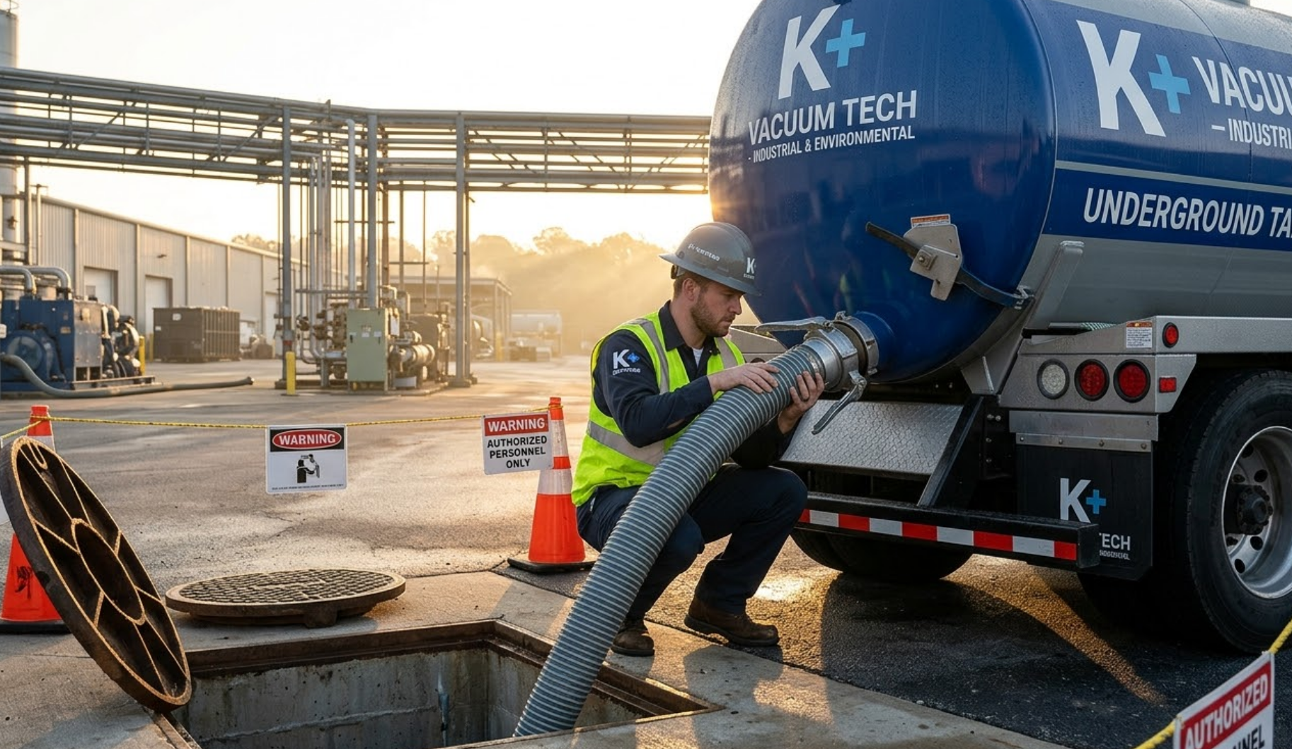 KPM technician managing vacuum transfer connections as part of a quality-controlled underground tank removal project