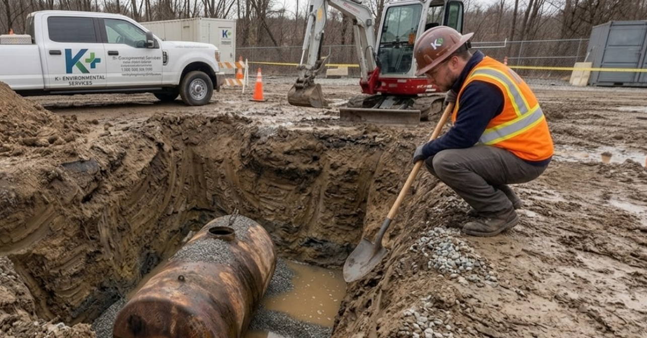 KPM technician inspecting groundwater surrounding an exposed underground storage tank during removal work