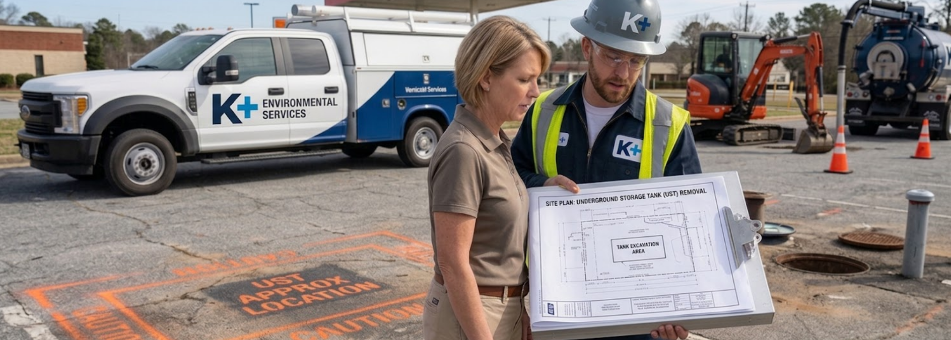 Project manager reviewing underground storage tank removal plans with site equipment staged in the background